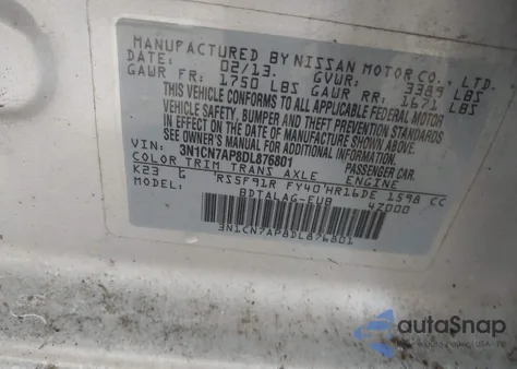 2013 Nissan Versa 1.6 S z USA, uszkodzony, nr VIN 3N1CN7AP8DL876801